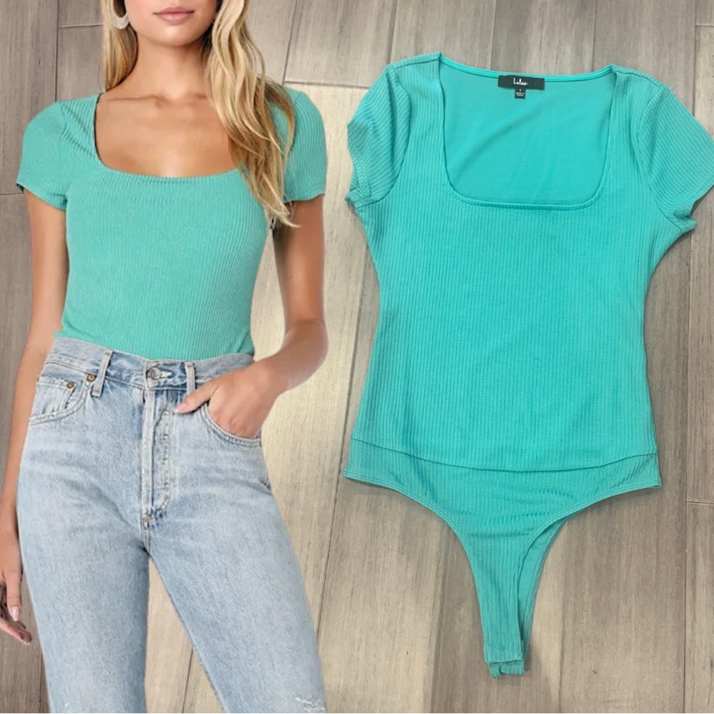 Lulus Simple Radiance Teal Green Ribbed Square Neck Bodysuit | Size Small